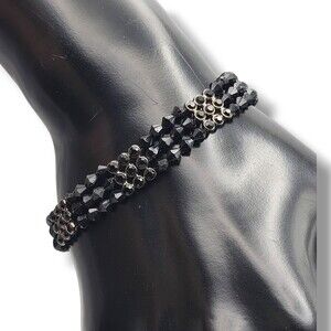 Multi Strand Black Biconal Acrylic Bead Gunmetal Gray Bracelet Fold Over Clasp